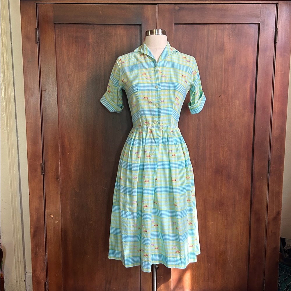 Vintage 70s Green and Blue Plaid Shirt Dress XS/S